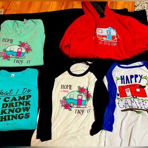 Women’s 2XL Gently Used Lot of 5 Camping Shirts (2 short s, 2 long s, 1 hoodie)